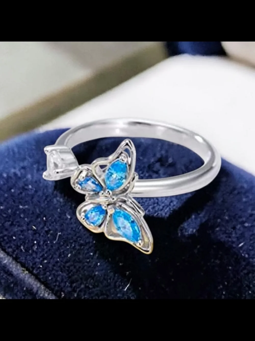 Blue Cubic Zirconia Butterfly Spinner Fidget Statement Ring